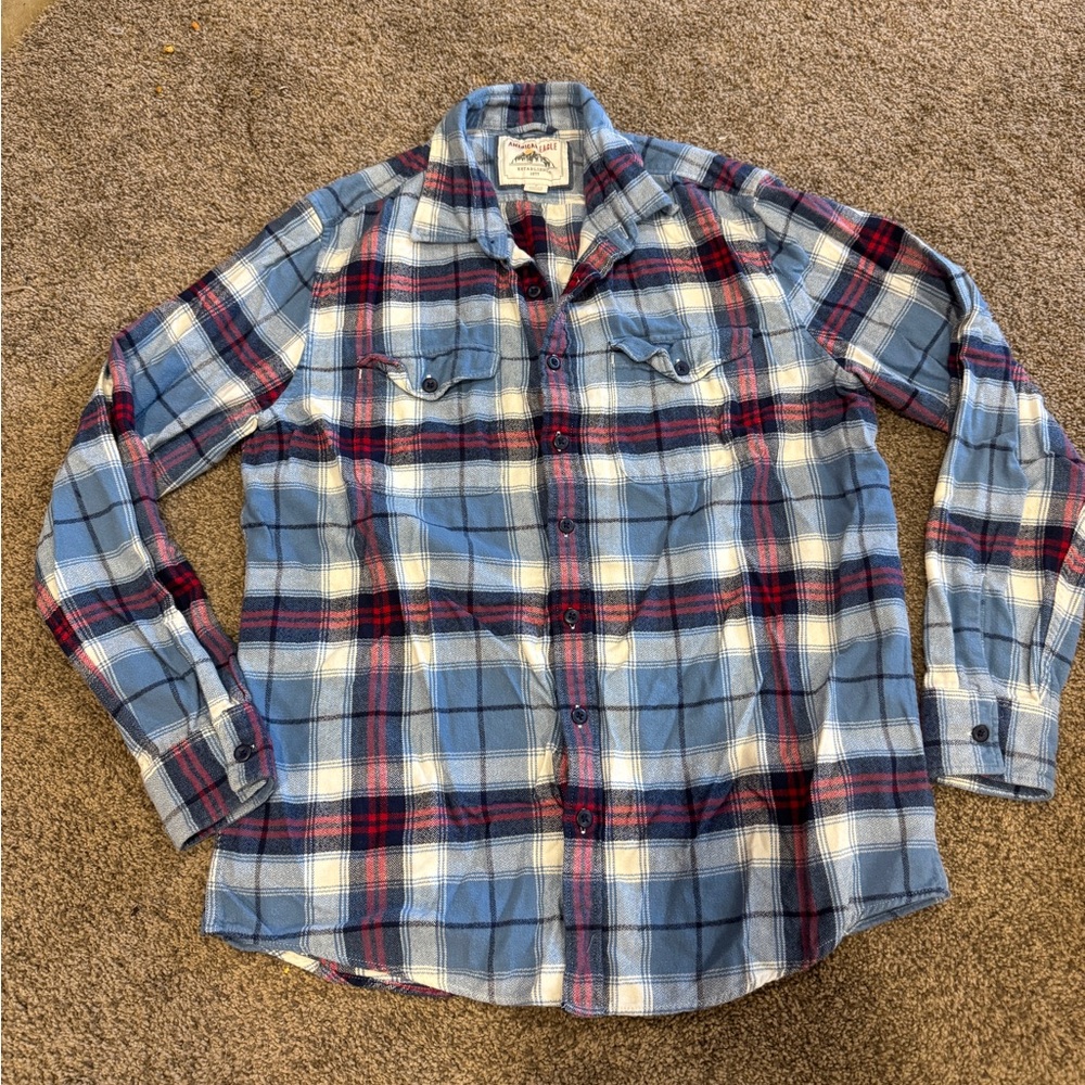 American Eagle Outfitters Blue, Red, and White Flannel Shirt